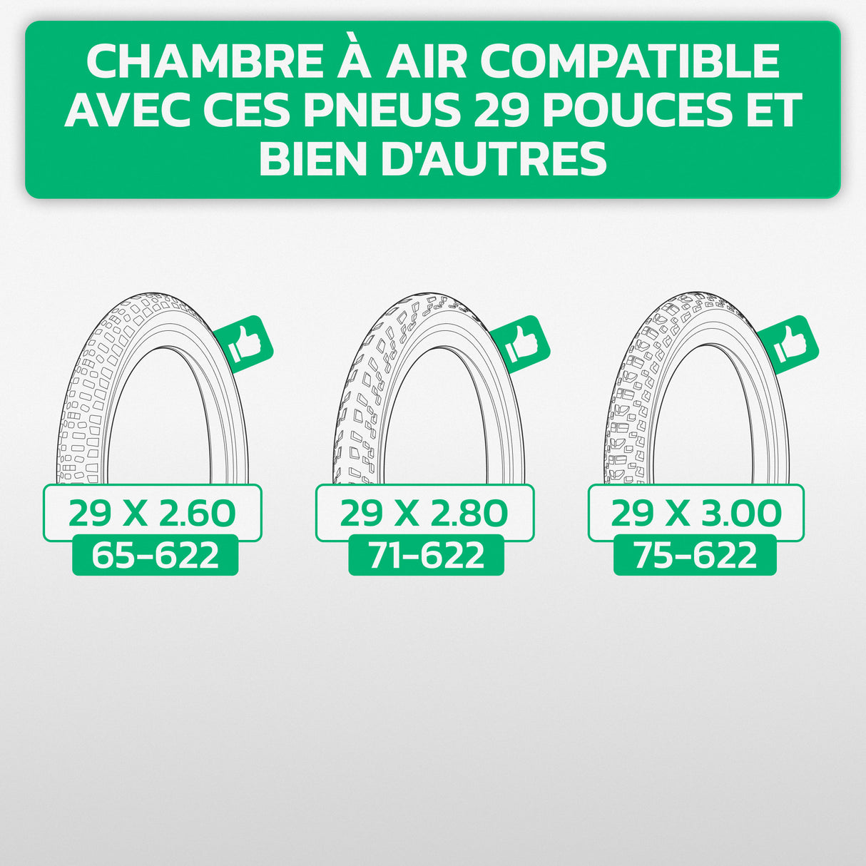 Chambre à air 29 pouces compatible pneus 29x2.60 (65-622), 29x2.80 (71-622) et 29x3.00 (75-622)