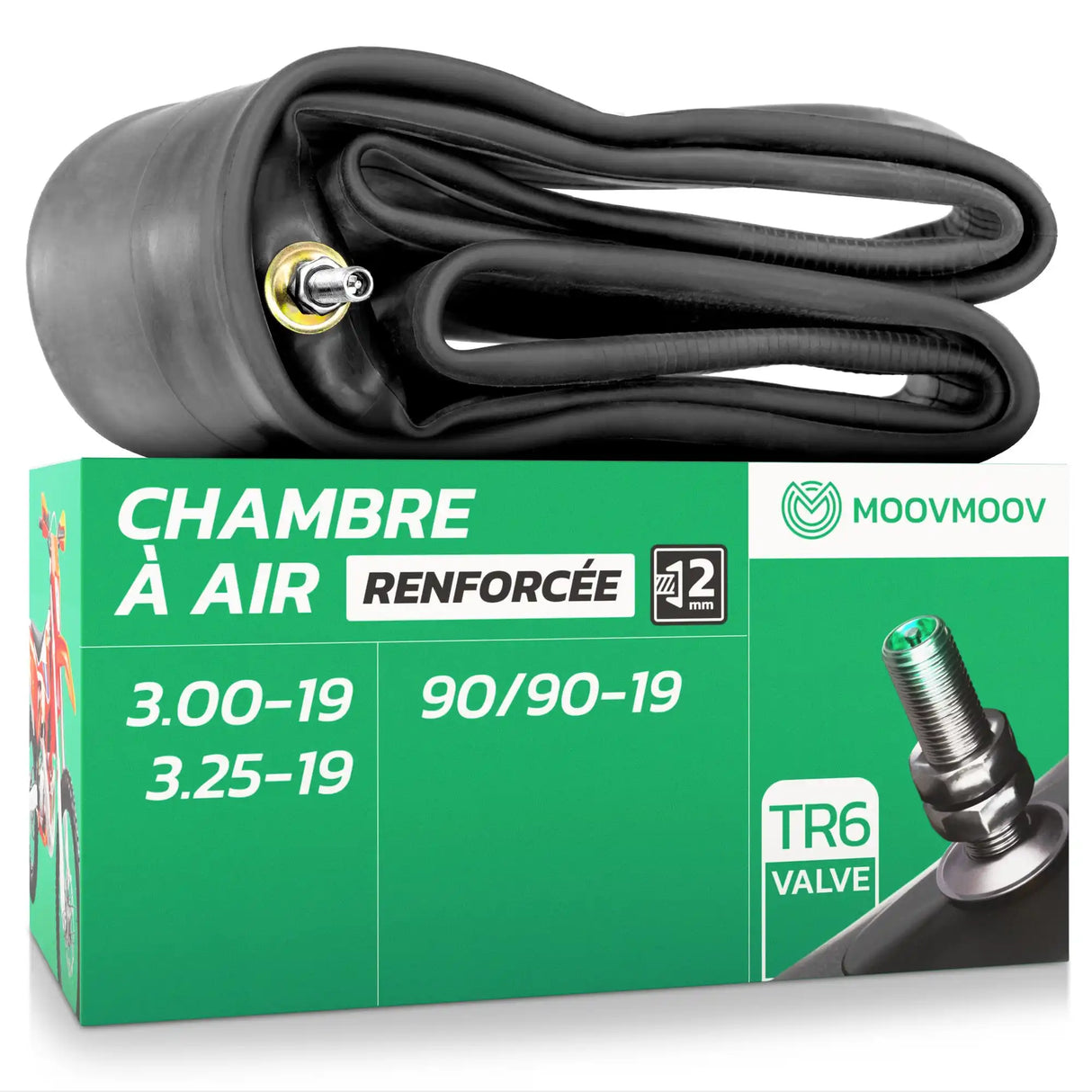 Chambre à air moto 19 pouces MoovMoov pour pneus de 90/90-19, 3.00-19 et 3.25-19, valve TR6