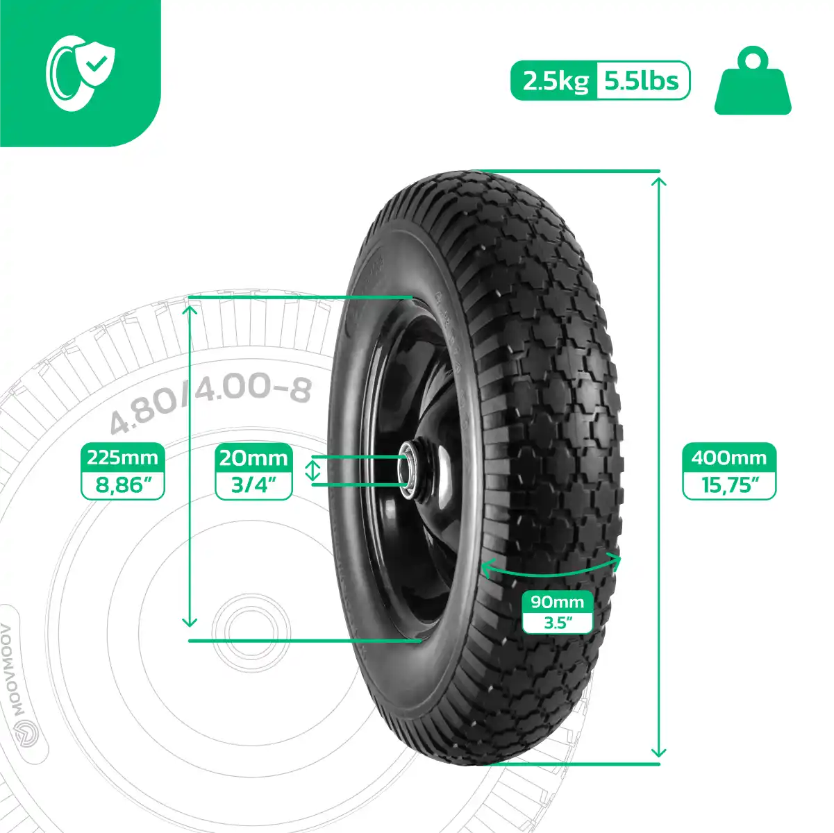 Solid tyre 4.80/4.00-8 wheelbarrow steel rim bore 20mm