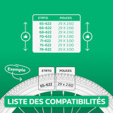 Tableau des compatibilités : chambre à air 29 pouces pour ETRTO 65-622 à 76-622 (29x2.60, 29x2.80, 29x3.00)