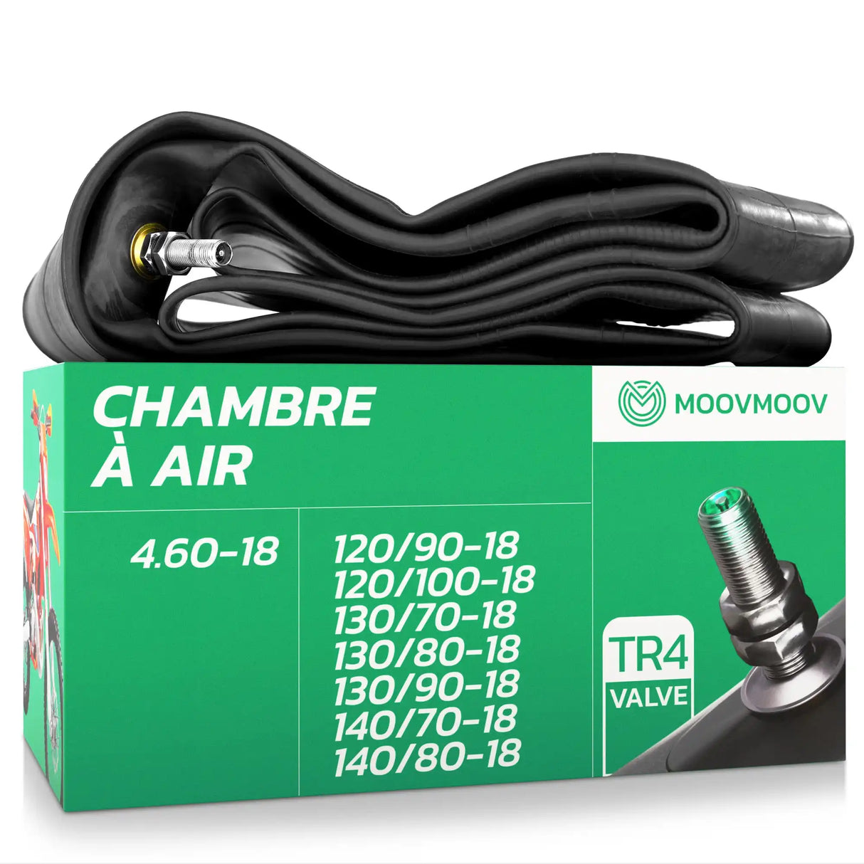 Chambre à air 18 pouces MoovMoov pour pneus de 120/90-18 à 4.60-18, valve Schrader TR4