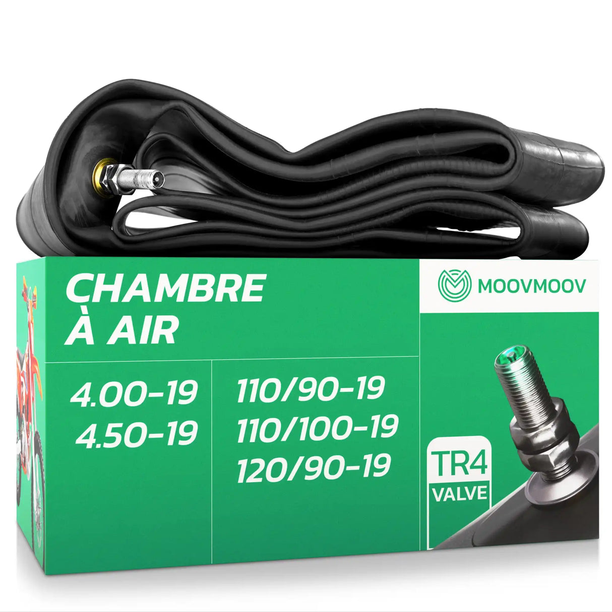 Chambre à air moto 19 pouces MoovMoov pour pneus de 110/90-19, 110/100-19, 120/90-19, 4.00-19 et 4.50-19, valve TR4