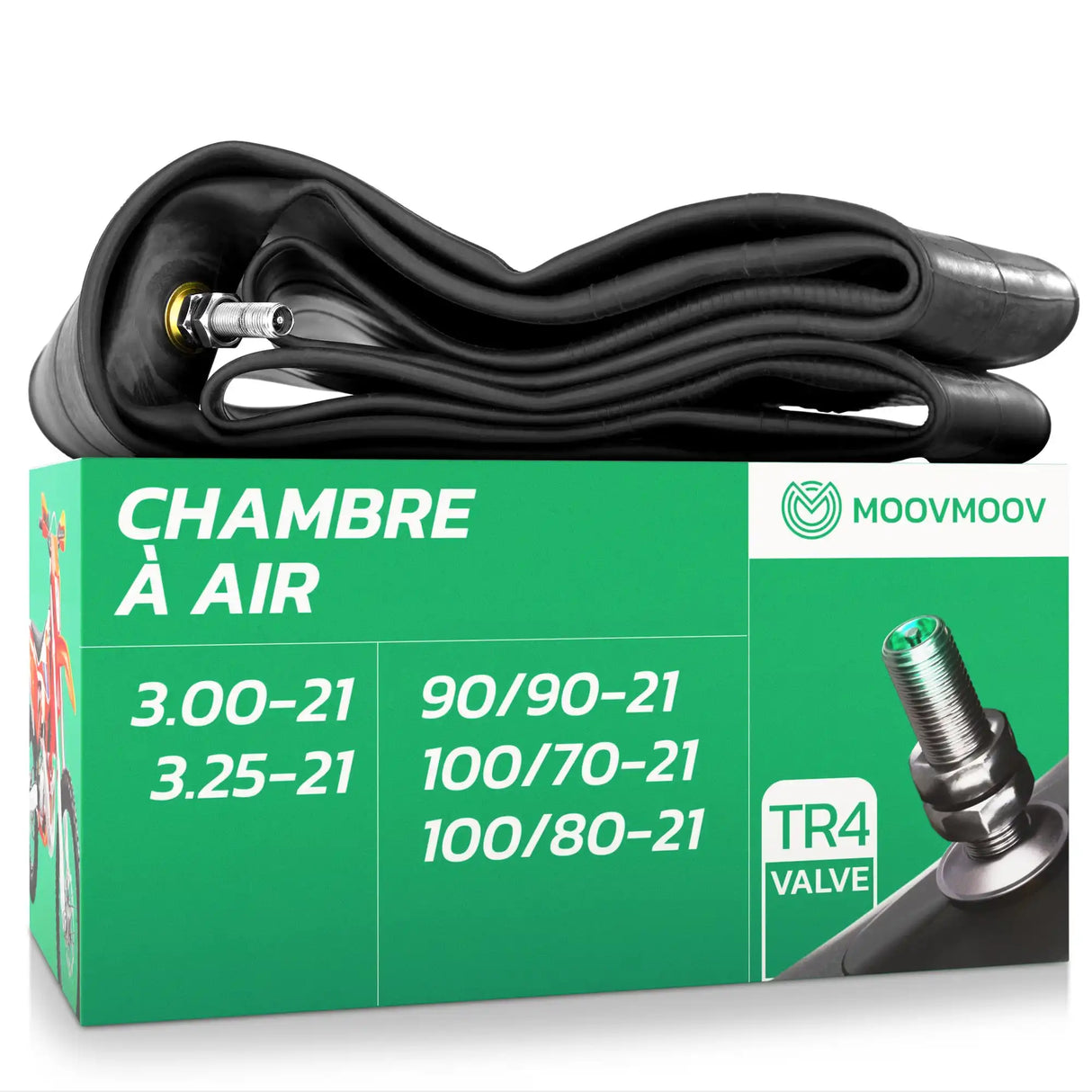 Chambre à air moto 21 pouces MoovMoov pour pneus de 90/90-21, 100/70-21, 100/80-21 et 3.00-21, valve TR4