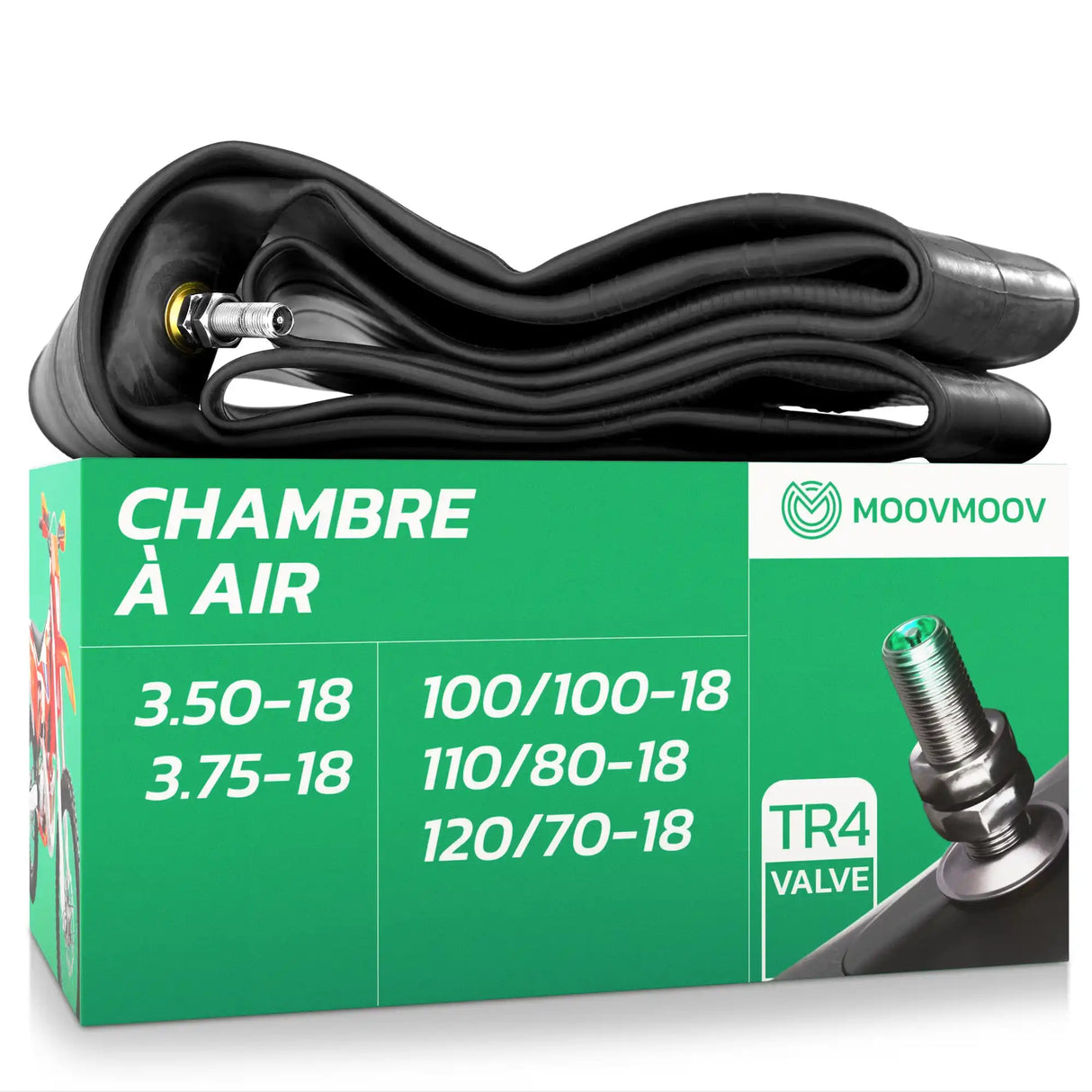 Chambre à air moto 18 pouces MoovMoov pour pneus de 100/100-18, 110/80-18, 120/70-18, 3.50-18 et 3.75-18, valve TR4