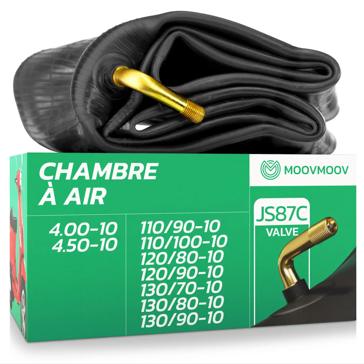 Chambre à air moto 10 pouces MoovMoov pour pneus de 110/90-10, 110/100-10, 120/80-10, 120/90-10, 130/70-10, 130/80-10, 130/90-10, 4.00-10 et 4.50-10, valve JS87C