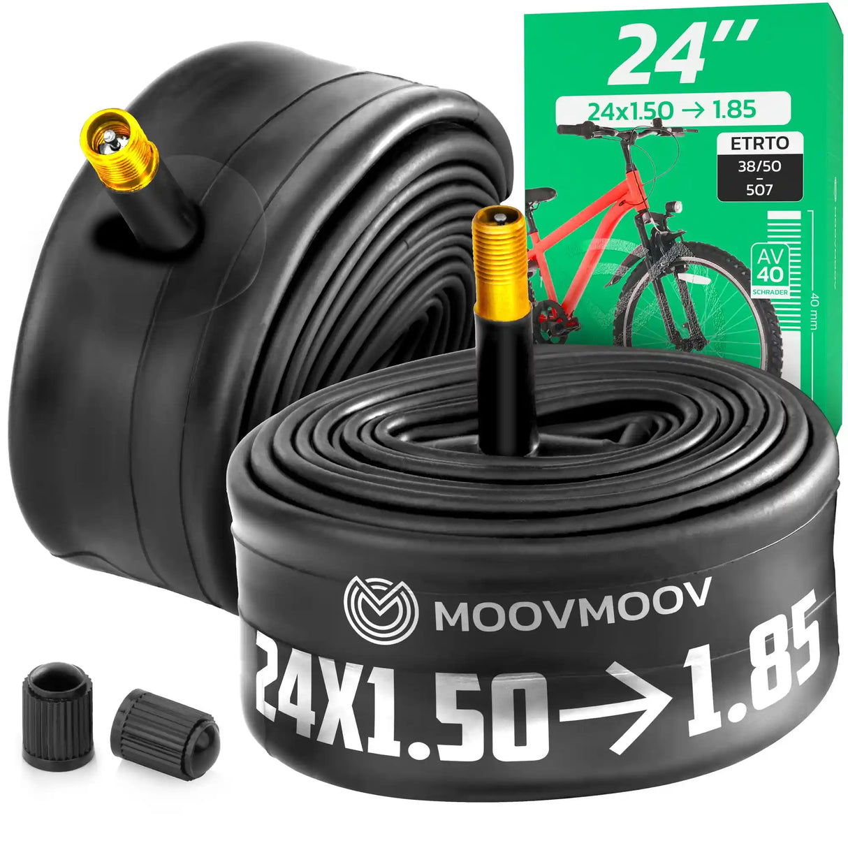 Chambre à air 24 pouces MoovMoov pour pneus de 24x1.50 à 24x1.85, valve Schrader 40 mm
