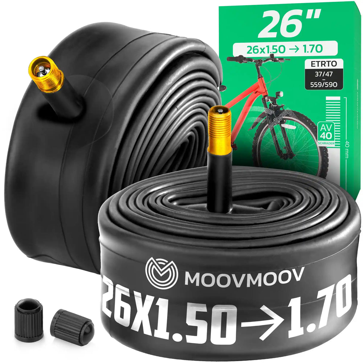 Chambre à air 26 pouces MoovMoov pour pneus de 26x1.50 à 26x1 5/8, valve Schrader 40 mm