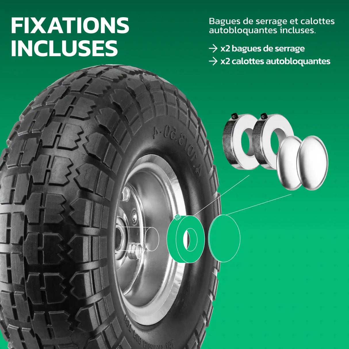Roues increvables 4.10/3.50-4 jante acier avec fixations et bagues de serrage MoovMoov