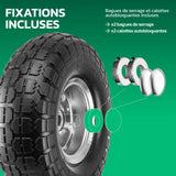 Roues increvables 4.10/3.50-4 jante acier avec fixations et bagues de serrage MoovMoov